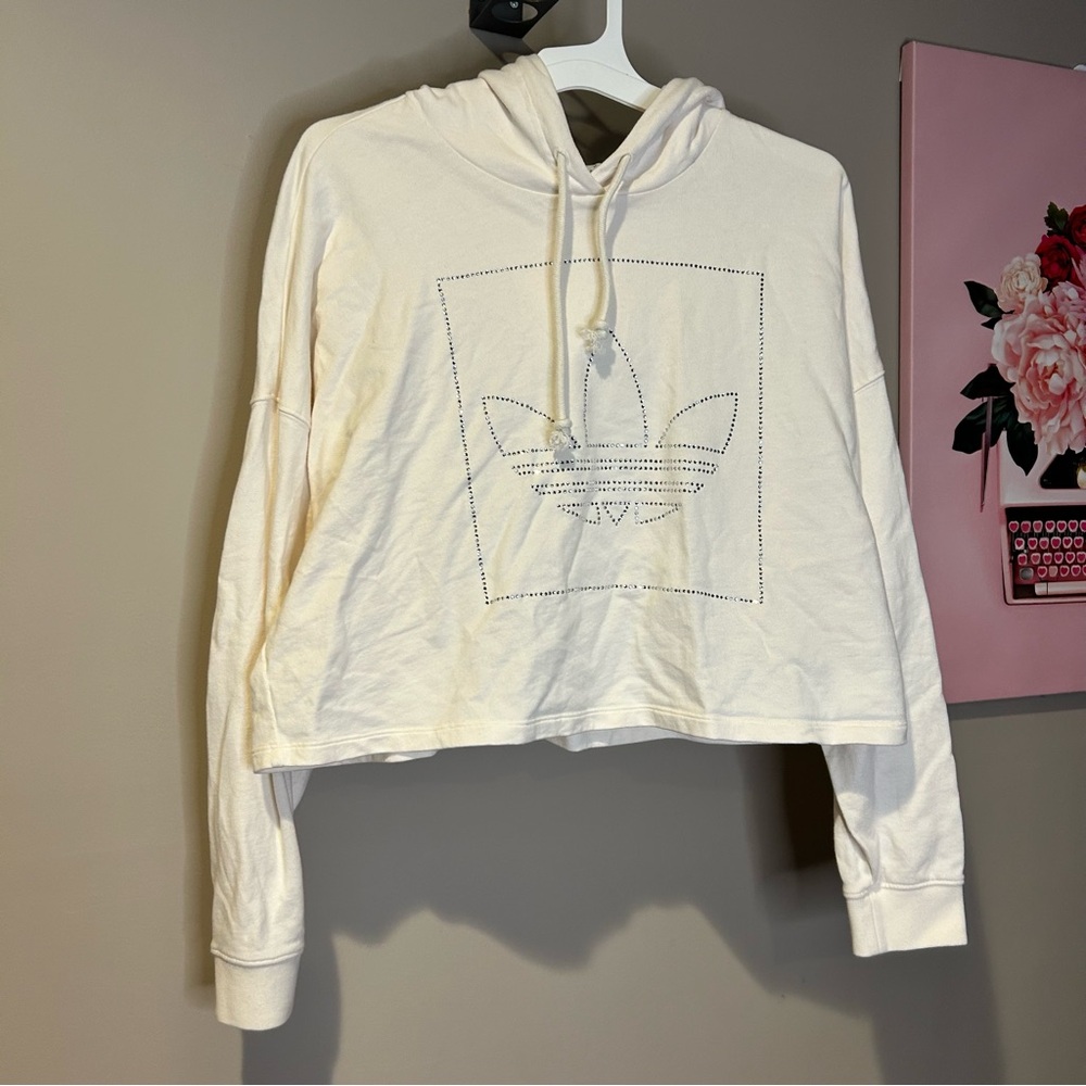 Adidas Original Women's Off-White cropped Hoodie with rhinestones logo size M - Picture 3 of 8
